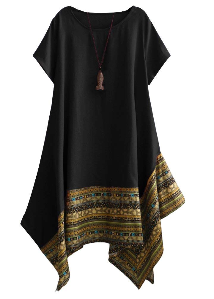 Minibee Women's Ethnic Cotton Linen Short Sleeves Irregular Tunic Dress (XL, Black) - Image 1